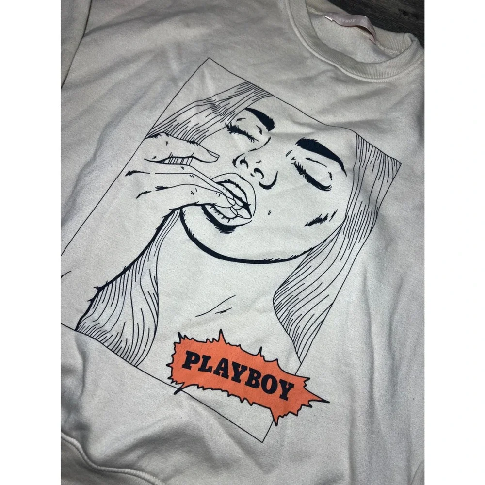 Playboy‎ Missguided Cream Graphic Sweatshirt Y2K Streetwear Boxy Fleece Pullover